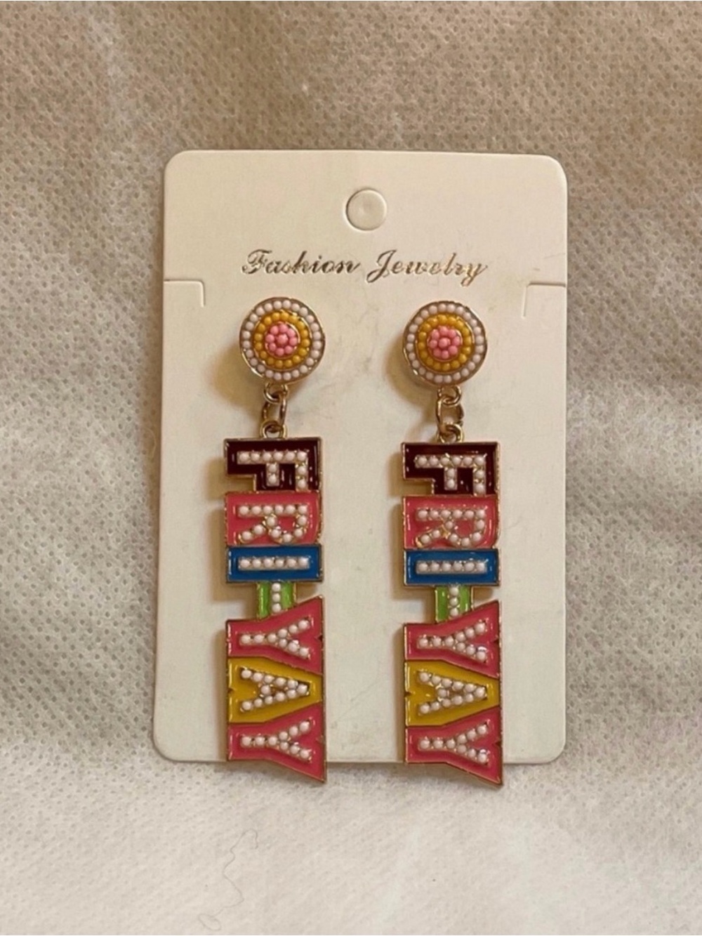 Colorful Beaded 'FRIYAY' Drop Earrings, new without tags